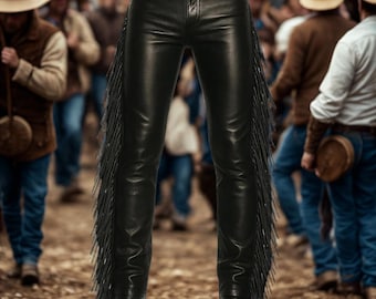 Pantaloni da uomo in pelle nera con frange - Stile western da cowboy e rodeo