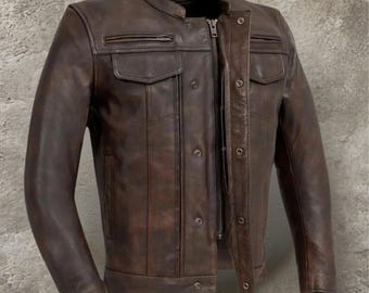 Handmade Full Grain Leather Biker Jacket – Distressed Brown Motorcycle Coat