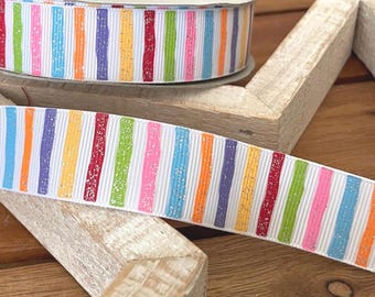 Rainbow Stripe Glitter Grosgrain Ribbon – 7/8" Crafting Supplies