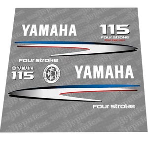 May include: A set of Yamaha 115 Four Stroke decals featuring white text, silver, blue, and red graphic accents, and an Ultra Low Emission logo. The design includes the Yamaha brand name, the number 115, and the words Four Stroke and Fuel Injection.