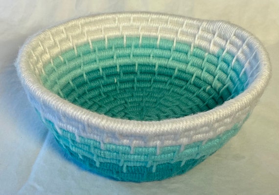 Fiber Art Coil Yarn Basket Green, Light Green, and White Coil Basket 