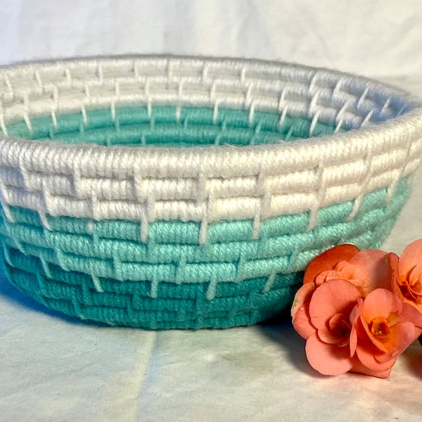 Fiber Art Coil Yarn Basket - Green, Light Green, and White Coil Basket