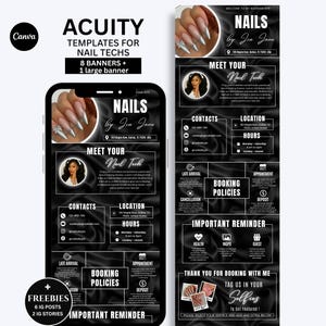 May include: A digital template set for nail technicians featuring a black satin background with white text. The design includes sections for booking policies, contact information, location, hours, and a professional profile photo placeholder.