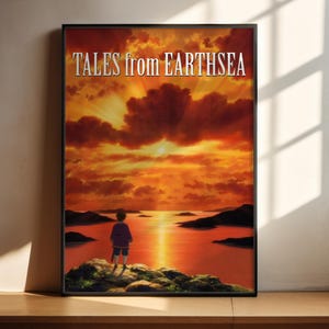 The image is a poster for the anime series "Tales from Earthsea". It features a person standing on a rocky outcrop, looking out at a sunset over the ocean.