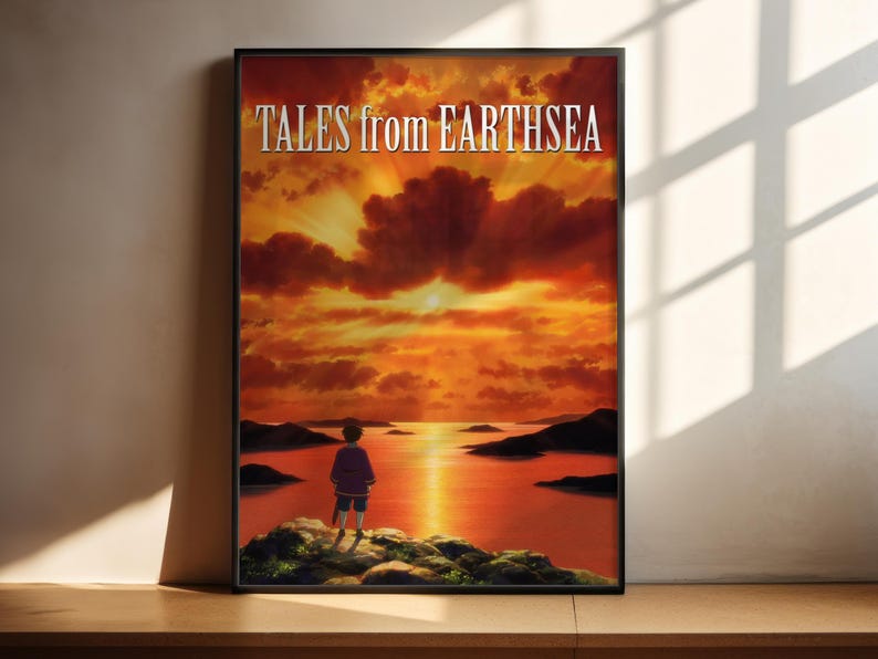 The image is a poster for the anime series "Tales from Earthsea". It features a person standing on a rocky outcrop, looking out at a sunset over the ocean.