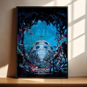 The image is a poster featuring a fantastical underwater scene with a large, intricate structure surrounded by vibrant marine life and plants.