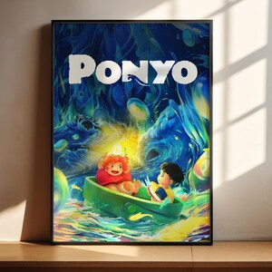 The image is a poster for the animated film Ponyo, featuring the main characters Ponyo and her friends in a boat on a colorful, fantastical background.