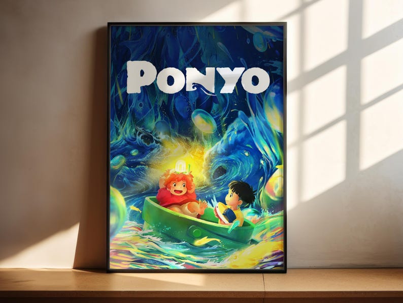 The image is a poster for the animated film Ponyo, featuring the main characters Ponyo and her friends in a boat on a colorful, fantastical background.