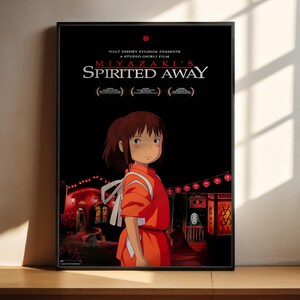 The image is a movie poster for the animated film "Miyazaki's Spirited Away". The poster features an illustration of a young girl with a serious expression, dressed in a red outfit, standing in a dark, mysterious setting.