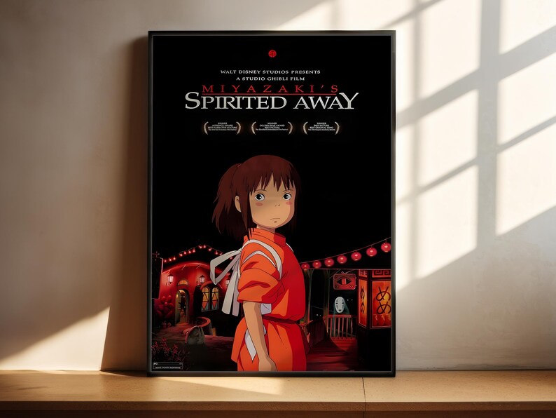 The image is a movie poster for the animated film "Miyazaki's Spirited Away". The poster features an illustration of a young girl with a serious expression, dressed in a red outfit, standing in a dark, mysterious setting.