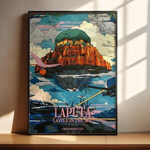 A poster featuring a castle in the sky with clouds, birds, and other fantastical elements, along with the text "LAPITA CASTLE IN THE SKY" and "A HAYAO MIYOKA FILM".