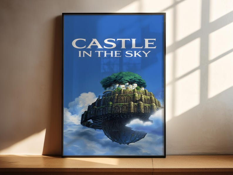 A poster of a castle floating in the sky, with the title "CASTLE IN THE SKY" prominently displayed.