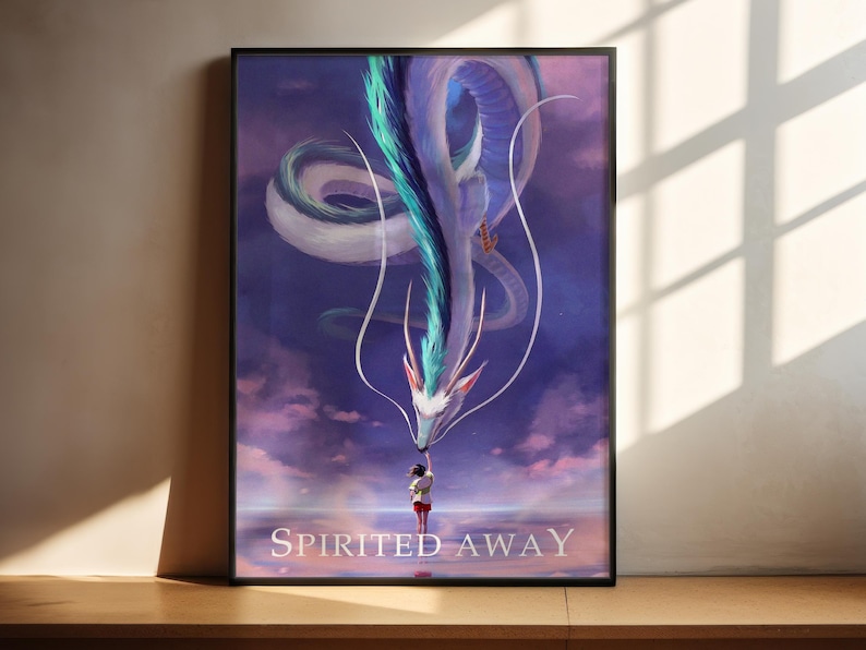 The image is a framed poster depicting a fantastical scene with a large, ethereal creature resembling a dragon or serpent-like being, surrounded by a cloudy sky and a person standing in the foreground.