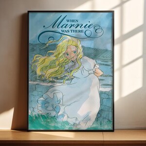 The image is a framed poster featuring an illustration of a young girl with flowing blonde hair, wearing a white dress, and standing in a grassy field.