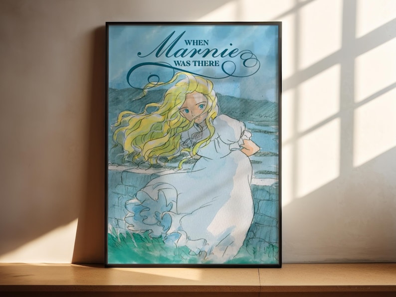 The image is a framed poster featuring an illustration of a young girl with flowing blonde hair, wearing a white dress, and standing in a grassy field.