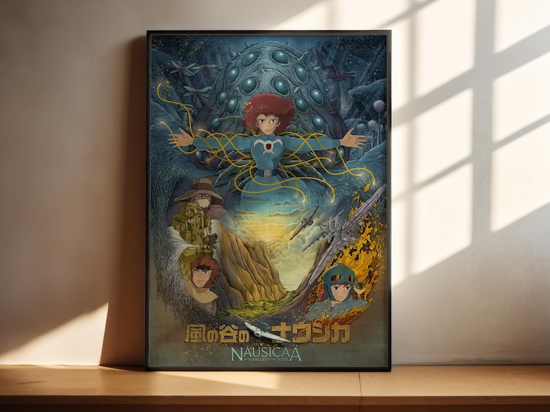 The image is a poster featuring a colorful illustration of characters from the animated film "Nausicaa". The poster includes various elements such as a large, abstract creature, a group of characters, and a landscape with mountains and a sunset. The poster is displayed on a wooden shelf, and the image contains a total of 13 distinct elements.