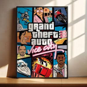 May include: A rectangular poster featuring the Grand Theft Auto Vice City logo in white and pink text. The artwork is composed of multiple comic-style panels depicting a helicopter, a man in a pink suit, a motorcycle, a woman, a yellow sports car, a man in a yellow shirt, a speedboat, an exploding red car, and a man with a gold chain holding a handgun.