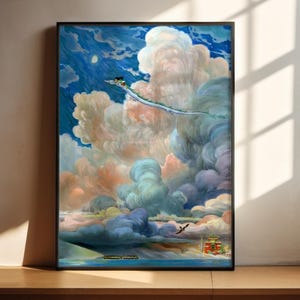 The image is a framed painting depicting a fantastical scene with a dragon-like creature soaring through a vibrant, cloud-filled sky.