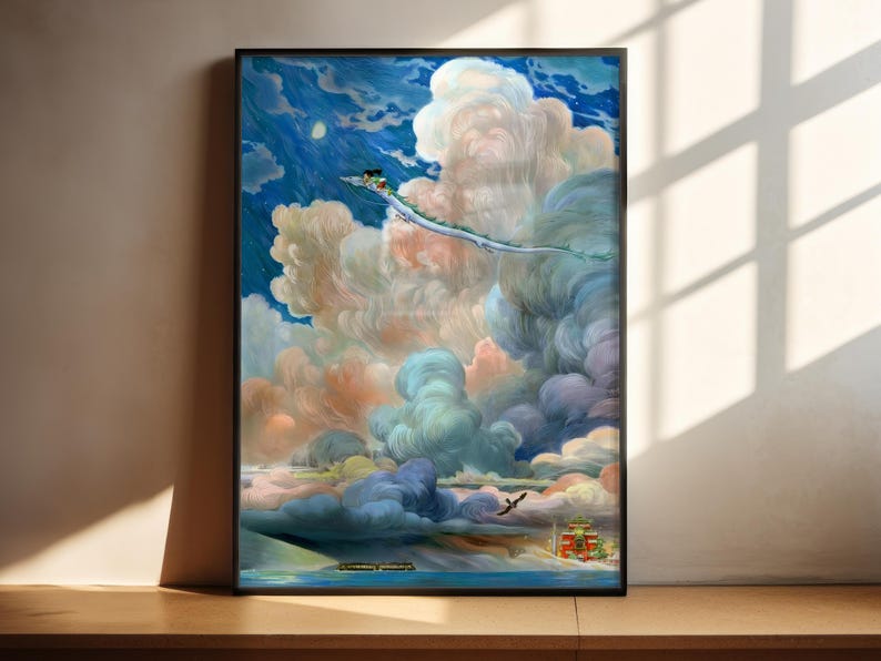 The image is a framed painting depicting a fantastical scene with a dragon-like creature soaring through a vibrant, cloud-filled sky.