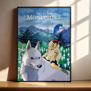 The image is a poster featuring the character Princess Mononoke from the animated film " princess mononoke". The poster depicts Princess Mononoke riding a wolf in a forest setting, with a blue sky and mountains in the background.
