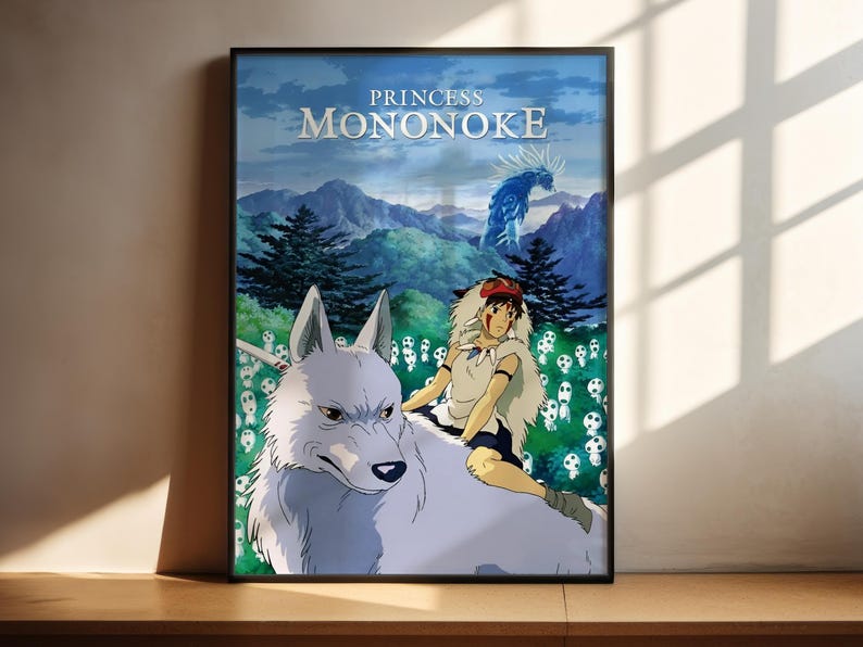 The image is a poster featuring the character Princess Mononoke from the animated film " princess mononoke". The poster depicts Princess Mononoke riding a wolf in a forest setting, with a blue sky and mountains in the background.