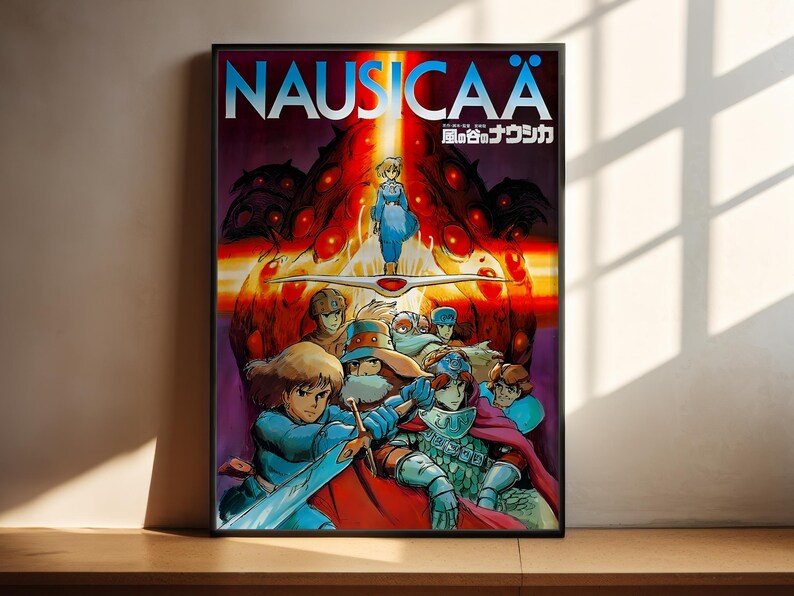 The image is a poster for the animated film "Nausicaä", featuring various characters from the film.