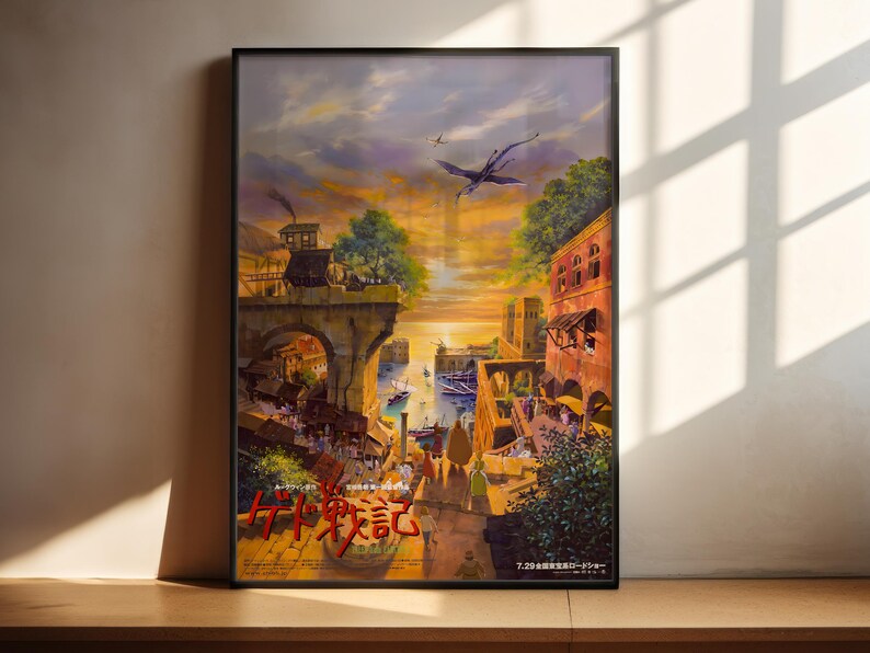 The image is a poster for the animated film "The Princess Bride". It features a colorful and fantastical scene with various elements such as buildings, people, and a flying dragon. The poster is framed and displayed on a wall, with sunlight streaming in from the right side, creating a warm and inviting atmosphere.