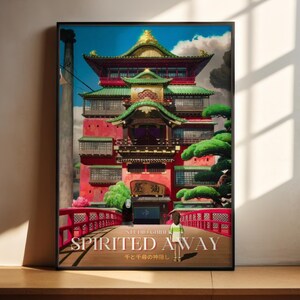 A poster of the castle of Nogai, a famous landmark from the Studio Ghibli film " Spirited Away". The poster features a colorful and detailed illustration of the castle's architecture, with a red roof and ornate decorations.