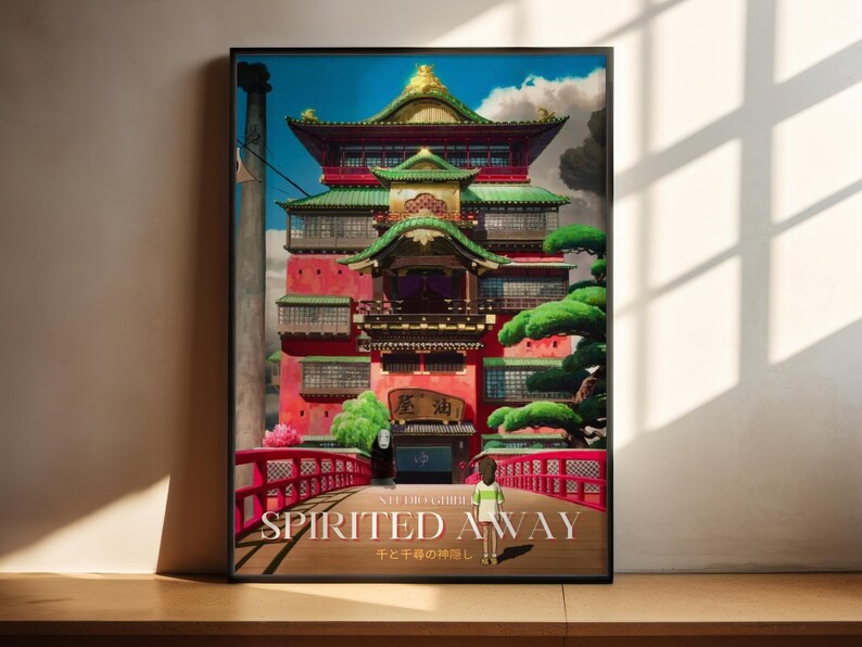 A poster of the castle of Nogai, a famous landmark from the Studio Ghibli film " Spirited Away". The poster features a colorful and detailed illustration of the castle's architecture, with a red roof and ornate decorations.