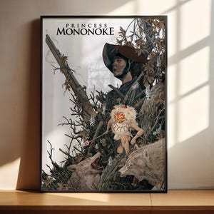 The image is a framed artwork depicting a scene with a person wearing a hat and a mask, surrounded by a wolf and other fantastical elements.