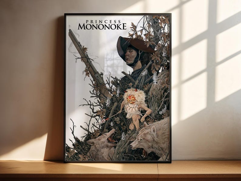 The image is a framed artwork depicting a scene with a person wearing a hat and a mask, surrounded by a wolf and other fantastical elements.