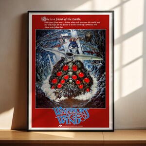 The image is a poster for the movie "Warriors of the Wind", featuring a large, colorful illustration of a dragon-like creature surrounded by red and blue elements.
