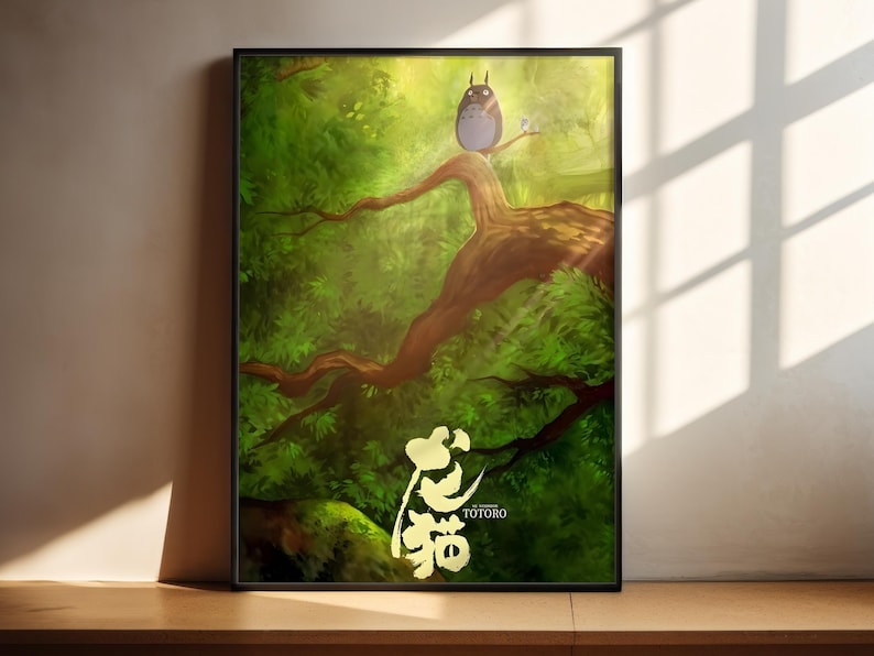 The image is a framed artwork depicting a scene with a bird perched on a tree branch, surrounded by lush greenery.