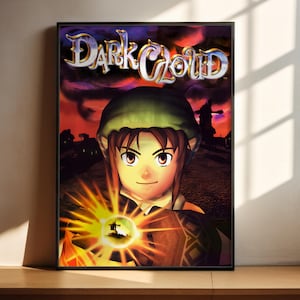 May include: Framed poster for the video game "Dark Cloud." The image shows a character wearing a green hat, holding a glowing orb, with a sunset and building silhouettes in the background. The title "Dark Cloud" is written in a gold, decorative font.