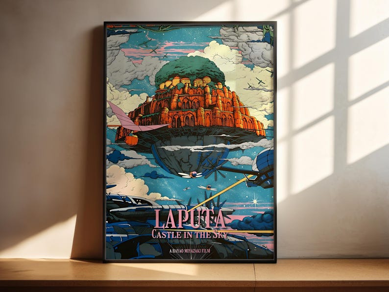 A poster featuring a castle in the sky with clouds, birds, and other fantastical elements, along with the text "LAPITA CASTLE IN THE SKY" and "A HAYAO MIYOKA FILM".