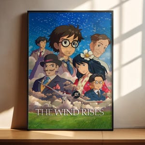 The image is a poster for the animated film "The Wind Rises". It features a group of characters from the film, including a young boy with glasses, a man in a top hat, and several other individuals, all set against a backdrop of a starry sky.