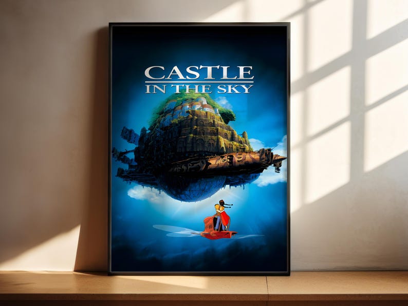 The image is a poster for the animated film "Castle in the Sky". It features a castle floating in the sky with a person riding a boat in the foreground.