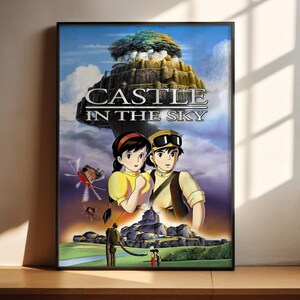 The image is a poster for the animated film "Castle in the Sky". It features two characters, a man and a woman, standing in front of a castle-like structure in the sky. The background of the poster is filled with various elements, including a castle, clouds, and other fantastical elements, creating a visually striking and imaginative scene.