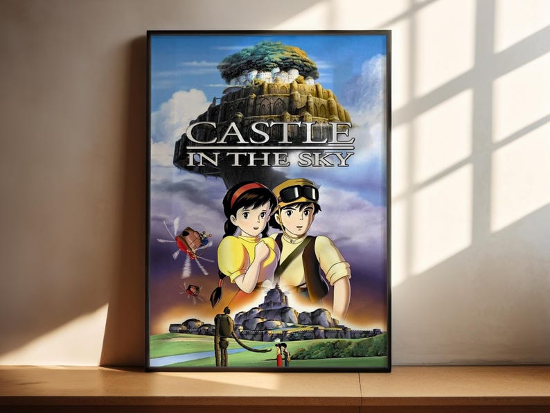The image is a poster for the animated film "Castle in the Sky". It features two characters, a man and a woman, standing in front of a castle-like structure in the sky. The background of the poster is filled with various elements, including a castle, clouds, and other fantastical elements, creating a visually striking and imaginative scene.
