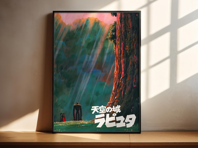 The image is a framed poster depicting a fantastical scene with a large tree, a person, and a dragon-like creature in a lush, colorful landscape.