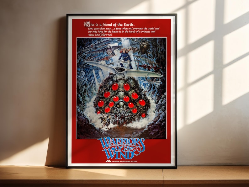 The image is a poster for the movie "Warriors of the Wind", featuring a large, colorful illustration of a dragon-like creature surrounded by red and blue elements.
