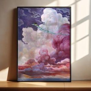 The image is a framed painting depicting a fantastical scene with a dragon-like creature soaring through a vibrant, colorful sky filled with clouds.