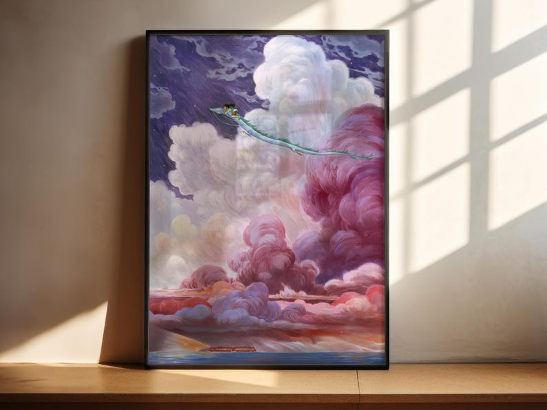 The image is a framed painting depicting a fantastical scene with a dragon-like creature soaring through a vibrant, colorful sky filled with clouds.