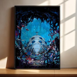 The image is a poster featuring a fantastical underwater scene with a large, intricate structure surrounded by vibrant marine life and plants.