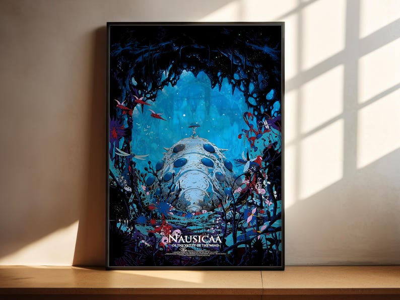 The image is a poster featuring a fantastical underwater scene with a large, intricate structure surrounded by vibrant marine life and plants.