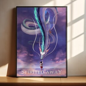 The image is a framed poster depicting a fantastical scene with a large, ethereal creature resembling a dragon or serpent-like being, surrounded by a cloudy sky and a person standing in the foreground.