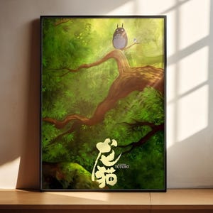 The image is a framed artwork depicting a scene with a bird perched on a tree branch, surrounded by lush greenery.