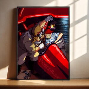 The image is a framed artwork depicting two characters, one wearing a white suit and the other wearing a red shirt, standing in a red car.