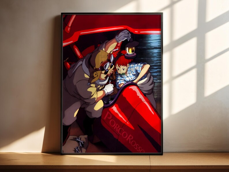 The image is a framed artwork depicting two characters, one wearing a white suit and the other wearing a red shirt, standing in a red car.