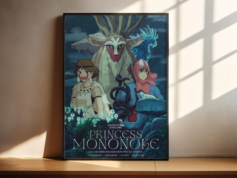 The image is a poster featuring characters from the Studio Ghibli film "Princess Mononoke".